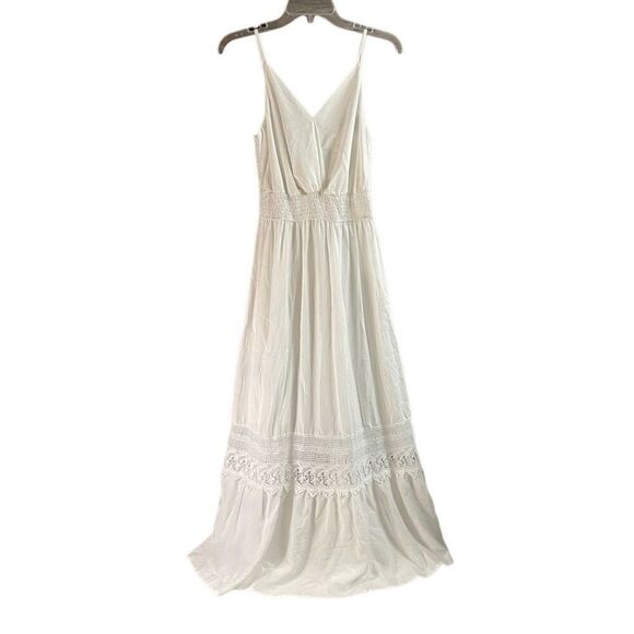 White Boho Maxi Dress Lace Trim Smocked Waist Beachy Size Small NWT - Picture 2 of 11